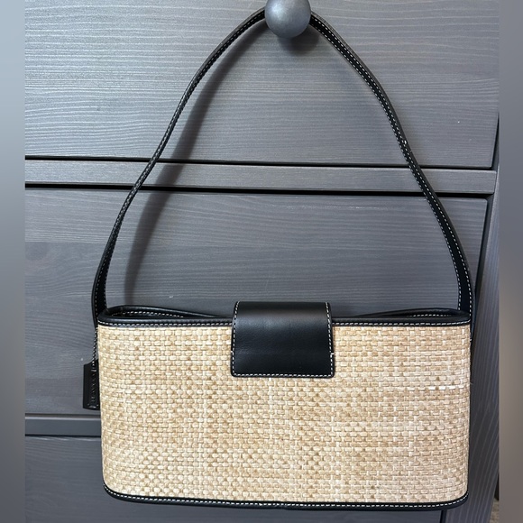 Coach purse woven material, black, and natural straw color - Picture 2 of 4